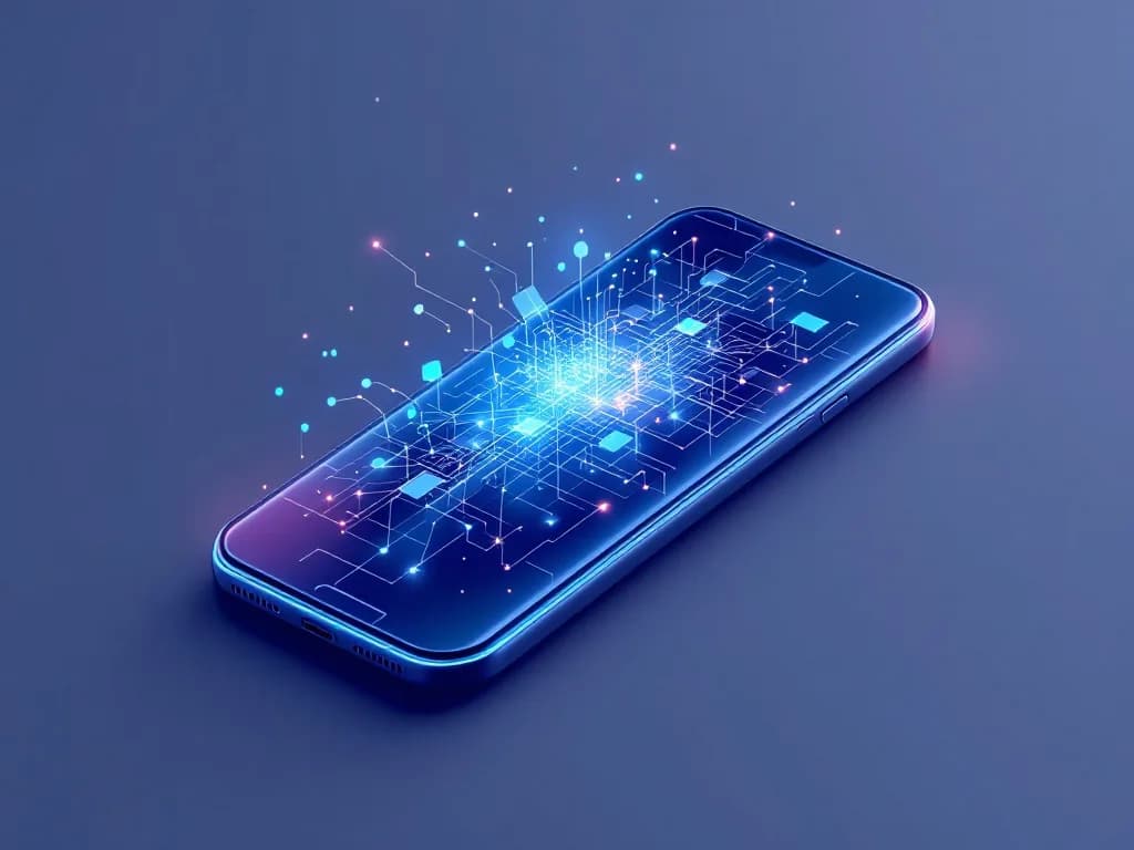 A phone-shaped glass slab dissolving into a lattice of glowing wireframe rectangles and nodes
