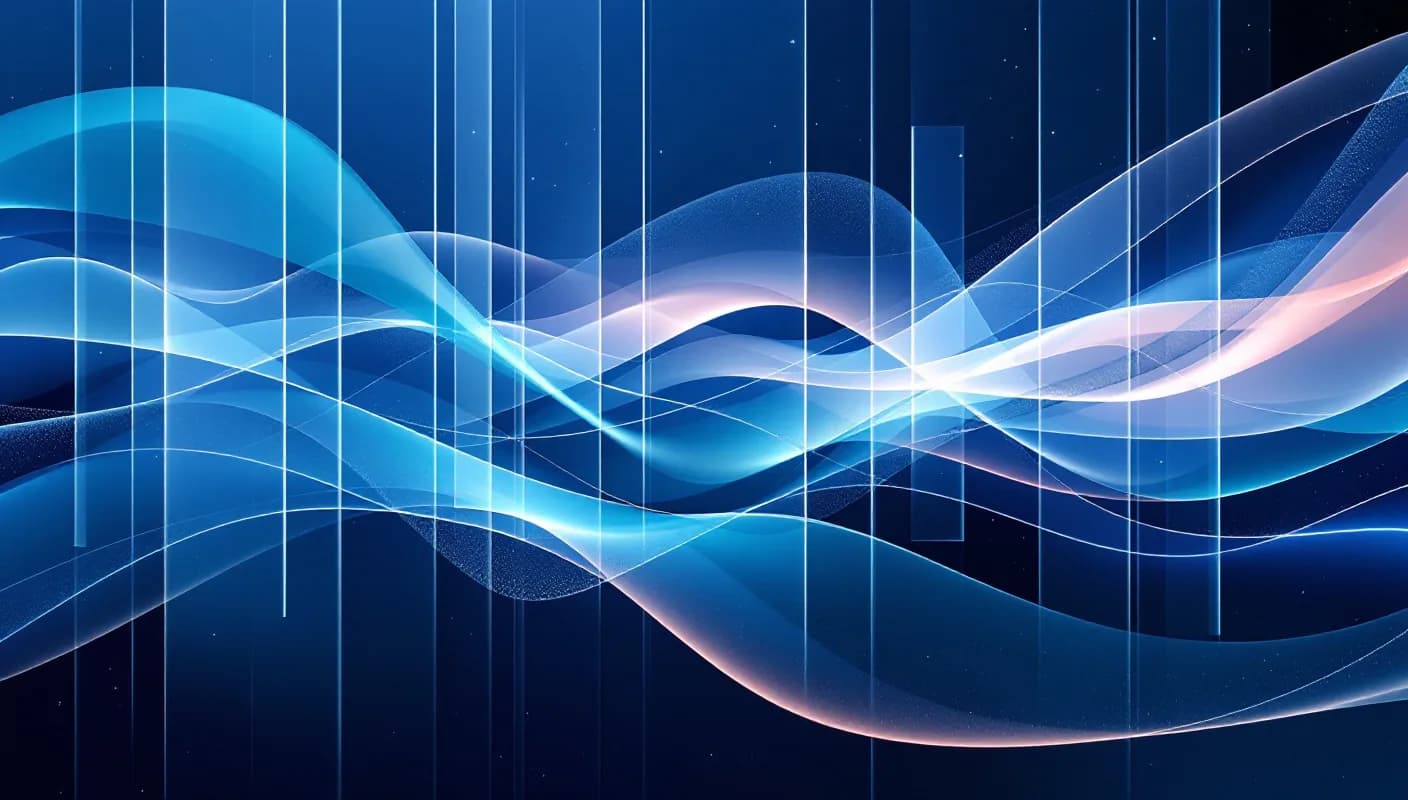 Abstrakte Lichtbänder in Indigo und Cyan, die sich über einen dunklen Hintergrund ziehen und an die Zeitleiste einer Session erinnern